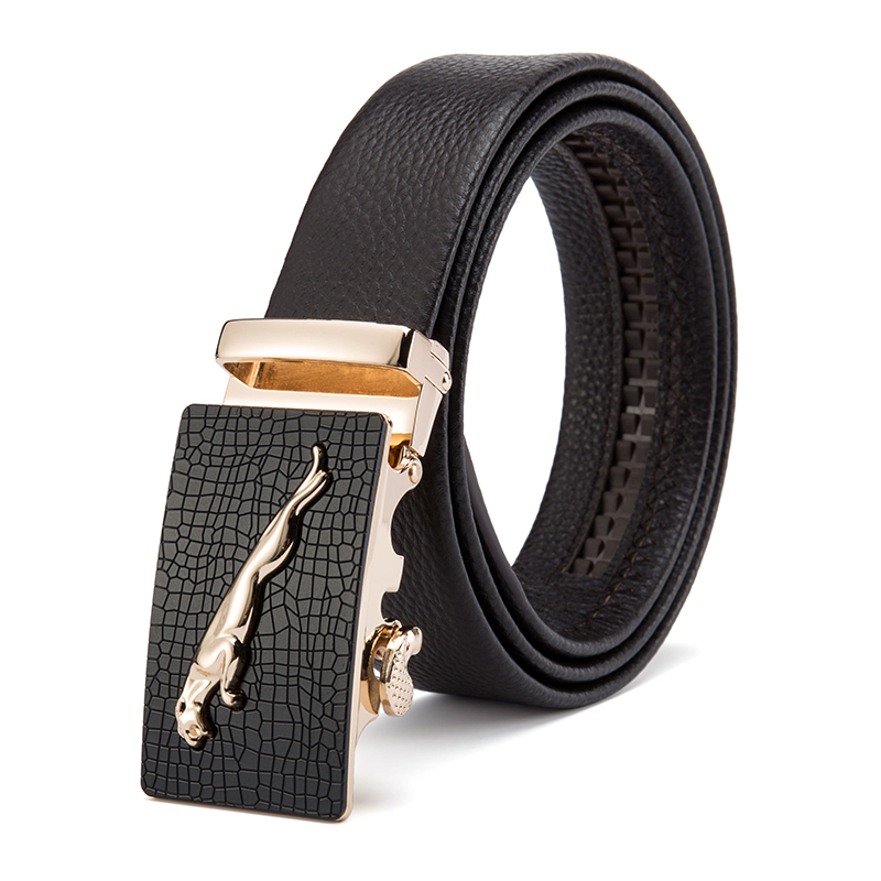 丹爵 头层牛皮商务休闲男士皮带豹子合金扣头简约百搭腰带 皮带1[金色扣头/棕色带身 125cm]