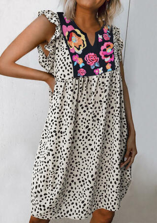 Leopard Splicing Floral Ruffled Casual Dress