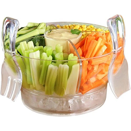 Bowl-On-Ice w/ Lid Set - Serving Fork & Spoon - 4 Section Insert