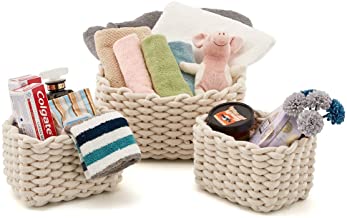 EZOWare 3 件套装饰编织棉绳篮和储物收纳袋，非常适合存放小型家庭物品 - 白色