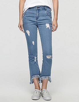 牛仔裤 微喇流苏 轻弹水洗 女款 浅蓝色