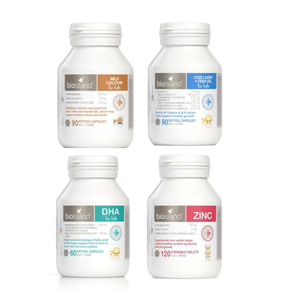 Bio Island 生物岛 婴幼儿四宝套餐 液体乳钙软胶囊 90粒+鳕鱼肝+鱼油 90粒+DHA海藻油胶囊 60粒+天然补锌咀嚼片 120粒