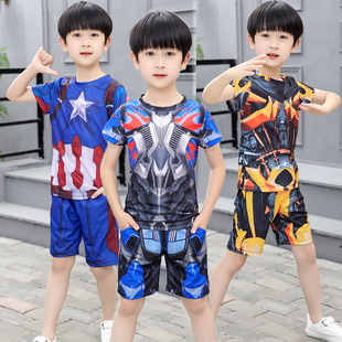 奥特曼衣服美国队长钢铁侠变形金刚速干套装儿童蜘蛛侠短袖男童装