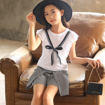 女童夏款套装无袖花边上衣格子短裤中大女孩白色蝴蝶结短裤裙时尚