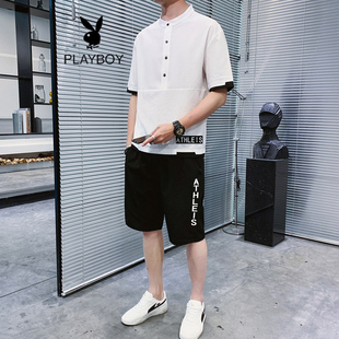 花花公子贵宾男士印花polo杉T恤学生套装潮流休闲运动五分短裤夏