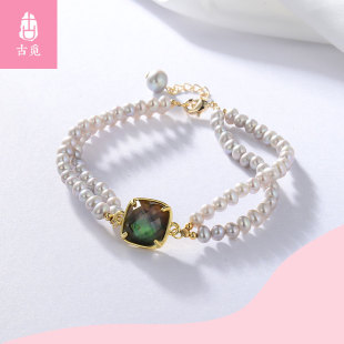 古觅淡水珍珠手链天然珍珠双层小珍珠手链美国14K金镶彩贝时尚女