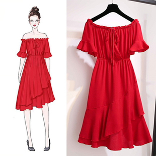 2020夏季新款大码一字肩洋气裙子超仙红色性感露肩遮肚子连衣裙潮