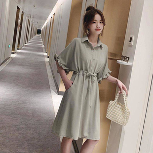 大码连衣裙雪纺衬衣领连衣裙女2020新款夏显瘦收腰中长款衬衫裙子