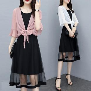 2020新款大码套装裙女装夏装中长裙披肩洋气套装胖mm显瘦连衣裙