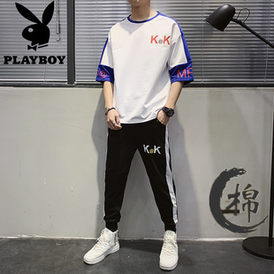 花花公孑棉套装男短袖 夏季潮牌印花潮流宽松韩版帅气搭配一套男