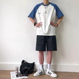 2020夏季拼接短袖t恤男学生日系港风上衣潮牌男生宽松五分袖衣服