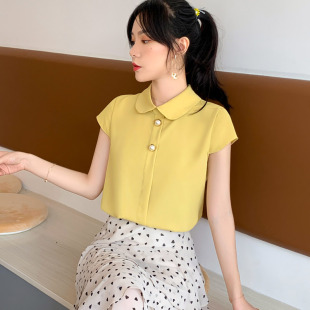 雪纺衫女2020夏季甜美淑女飞飞袖雪纺衬衫韩版短袖娃娃领雪纺衫