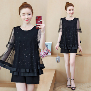 2020夏新款胖mm200斤烫钻娃娃小衫显瘦套装两件套洋气减龄气质