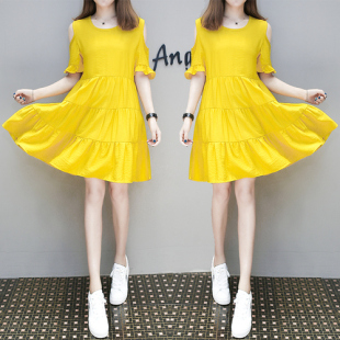 娃娃裙子女夏2020新款胖妹妹大码女装宽松显瘦中长裙露肩连衣裙女
