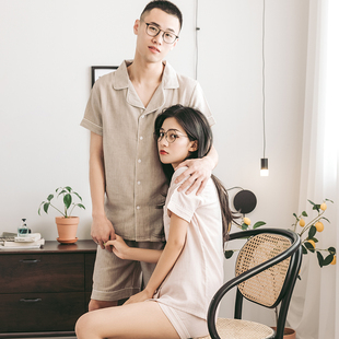 睡衣女夏季两件套薄款纯棉夏短袖女式纱布宽松全棉情侣家居服套装