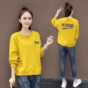 春季新款长袖t恤女圆领洋气韩版大码卫衣女装胖mm时尚上衣打底衫