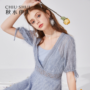 秋水伊人裙子2019夏新款女装纯色V领中腰仙女裙清新显瘦连衣裙女