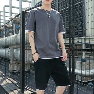 男士套装2020夏季新款潮牌时尚休闲运动宽松学生纯色圆领短袖t恤