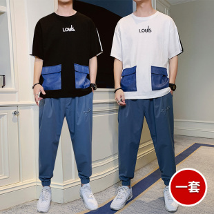 男士纯棉休闲套装2020夏季新款潮流拼色宽松短袖体桖青少年运动装