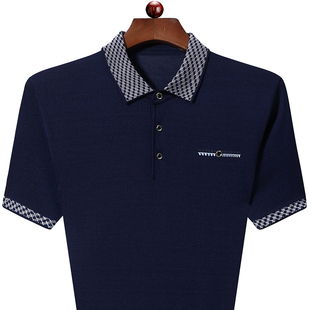 2020夏季桑蚕丝爸爸短袖t恤男 中年男装翻领上衣中老年冰丝半袖