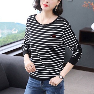 春季新款t恤女宽松长袖韩版条纹大码女装胖mm时尚上衣打底衫潮款