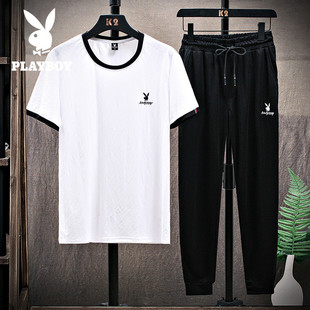 花花公子贵宾夏季休闲圆领T恤潮流短袖冰丝九分裤束脚套装