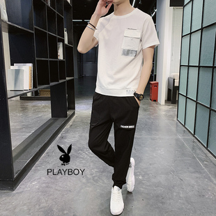 花花公子贵宾短袖男士冰丝t恤休闲套装夏季运动一套精神小伙夏装