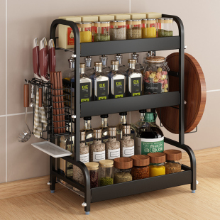 不锈钢厨房置物架家用黑色调味品油盐酱醋收纳刀架台面多层调味料