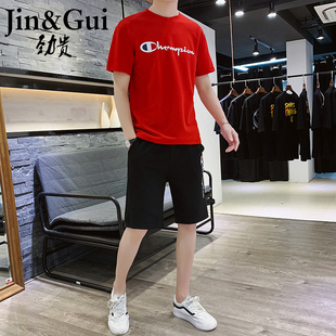 劲贵2020新款纯棉休闲运动套装休闲裤短袖t恤潮流两件套男