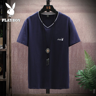 花花公子贵宾夏季短袖t恤男士休闲潮牌ins宽松V领纯棉圆领体恤