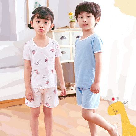 儿童夏季男童空调服女童短袖夏装睡衣薄款纯棉男孩宝宝家居服套装