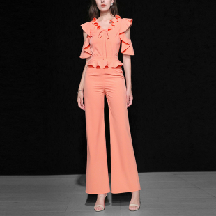 2020夏装新款优雅气质露肩荷叶边衬衫修身高腰阔腿裤女装套装