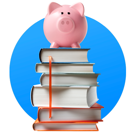 Piggy bank sitting on stack on books