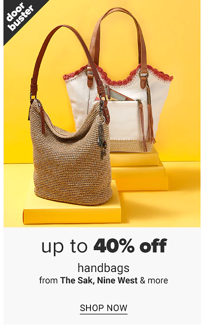 A woven handbag with a brown strap and a white and beige handbag with a brown strap. Doorbuster up to 40% off handbags from Nine West, The Sak and more, shop now.