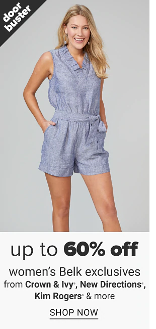 A woman in a chambray romper. Doorbuster, up to 60% off women's Belk eclusives from Crown and Ivy, New Directions, Kim Rogers and more, shop now.