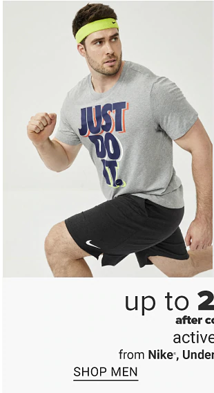 A man in a Nike tee and black shorts. A little boy in a Champion tee and blue shorts. Up to 25% off activewear from Nike, Under Armour and more, shop men, shop kids.