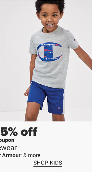 A little girl in a pink, blue and white stripe romper. A little boy in a graphic tee, navy shorts and blue sunglasses. Up to 75% off entire stock kids' styles from Lightning Bug, True Craft and more shop now.